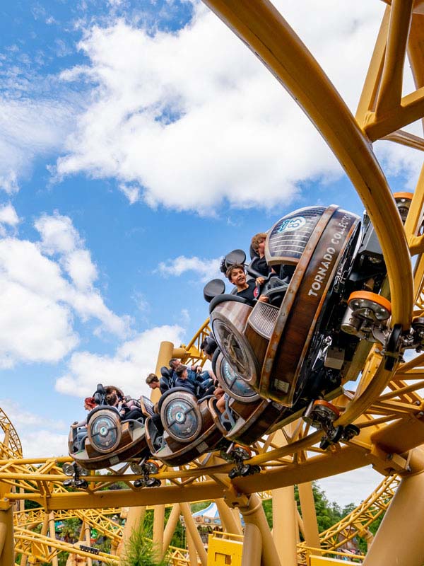 Guests riding Tornado Springs roller coaster at Paultons Park