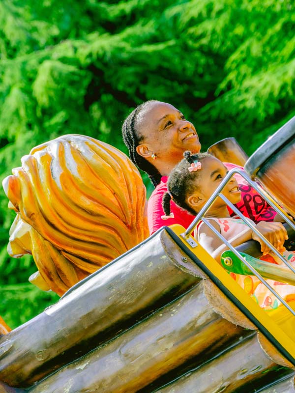 Family enjoying the Kontiki ride at Paultons Park with children raising their hands on the swinging boat attraction