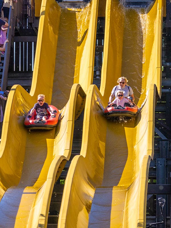 Family riding the Buffalo Falls log flume drop with water splashing at Paultons Park