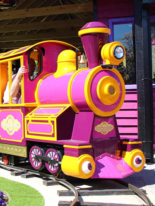 Professor Blast’s Expedition Express train ride at Paultons Park travelling through colourful gardens and woodland track