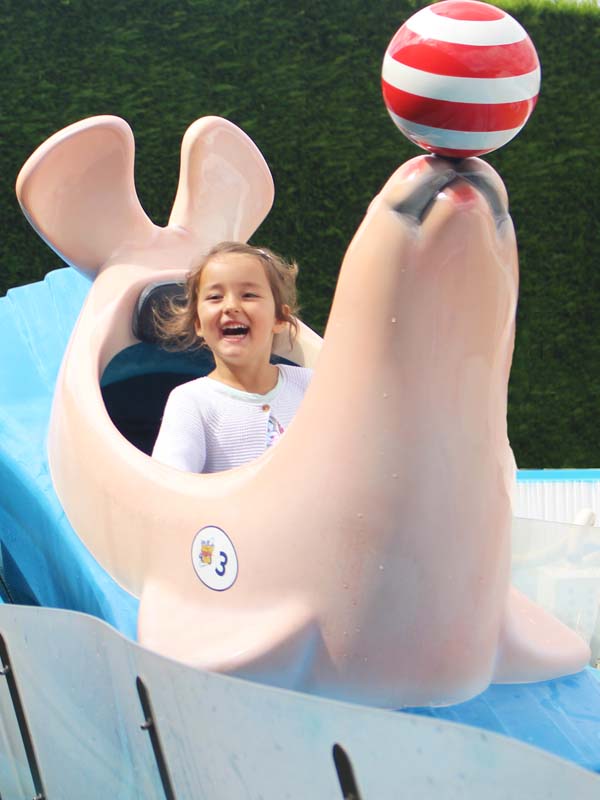 Children riding Seal Falls at Paultons Park with seal balancing red and white ball