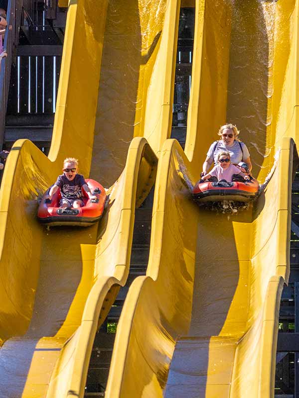 Family enjoying the Buffalo Falls log flume ride at Paultons Park