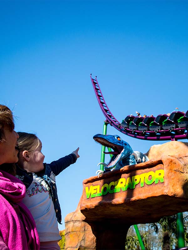 Child pointing at the Velociraptor dinosaur entrance sign at Paultons Park with coaster track overhead
