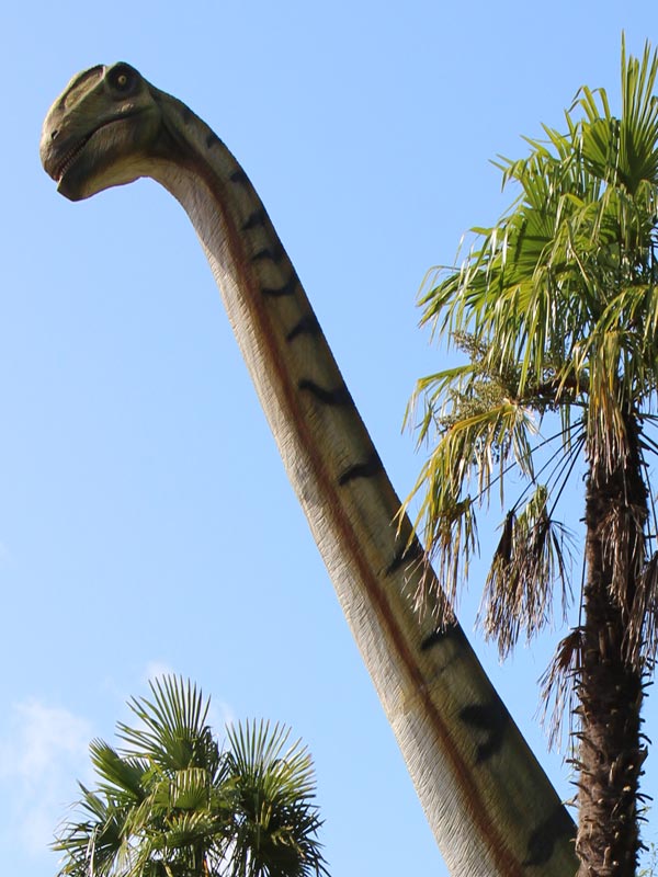 Brachiosaurus dinosaur statue towering above palm trees at Pre-Historic Dinosaurs in Paultons Park