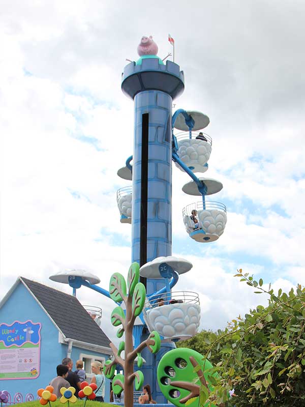 Windy Castle Ride tower at Peppa Pig World in Paultons Park with families riding in cloud gondolas