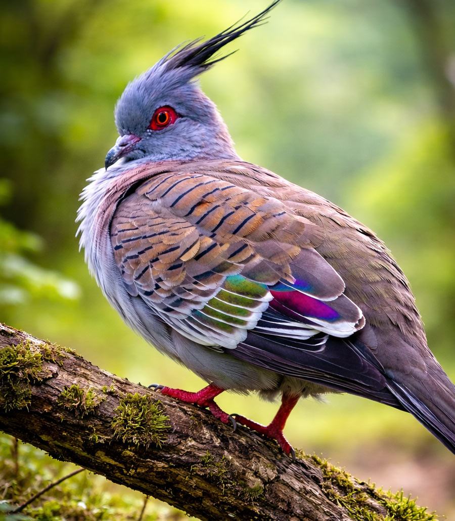 Crested pigeon resting on a branch at Paultons Park with colourful wing markings
