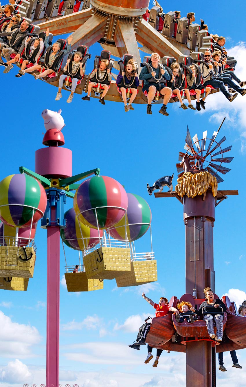 Family thrill rides at Paultons Park featuring Storm Chaser and Peppa Pig World balloon ride in action