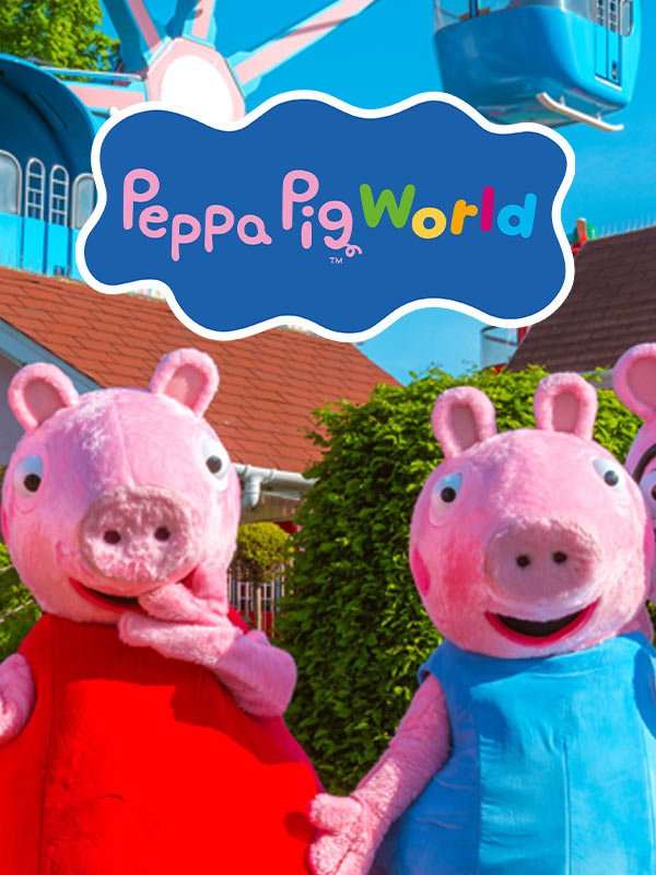 Peppa Pig and family characters smiling beneath the Peppa Pig World sign at Paultons Park