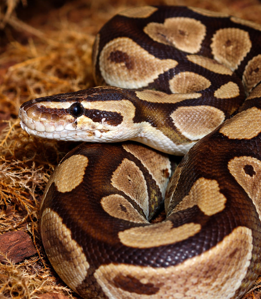 Close-up of a Royal Python showing its brown and tan markings at Paultons Park