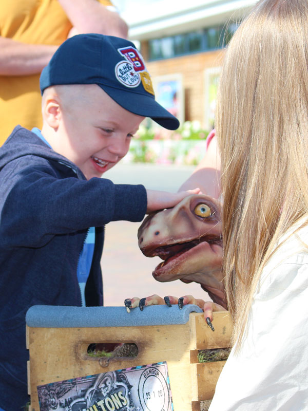 Young child stroking Roary the baby dinosaur during a meet and greet at Lost Kingdom in Paultons Park