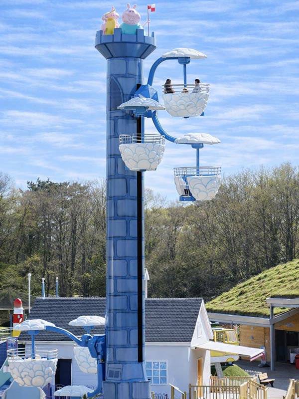 Windy Castle Ride tower at Peppa Pig World in Paultons Park with families riding in cloud gondolas