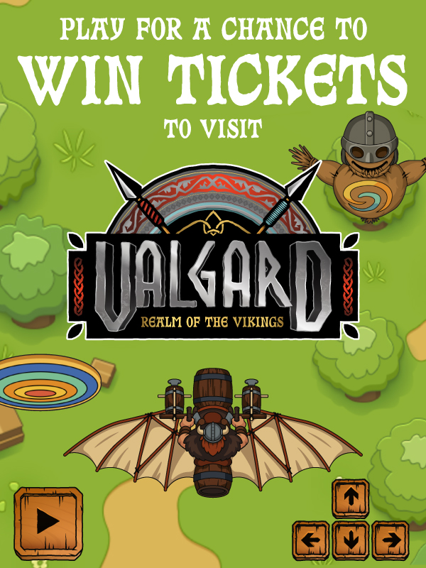 Promotional graphic for Paultons Park competition to win tickets to visit Valgard: Realm of the Vikings, featuring game artwork and prize message.