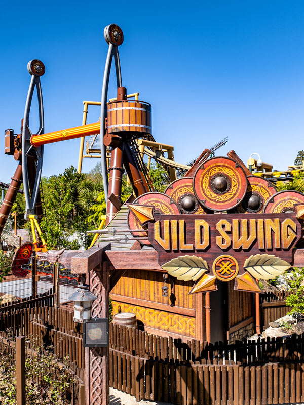 Vild Swing entrance sign and ride structure in Valgard at Paultons Park.