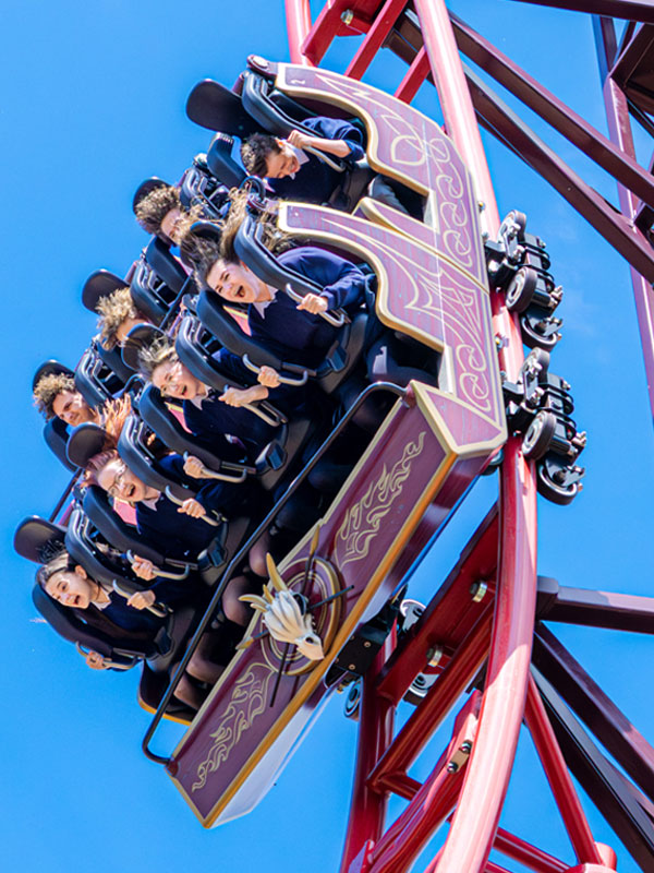 Riders on Drakon rollercoaster at Paultons Park, the inverting coaster in Valgard: Realm of the Vikings.