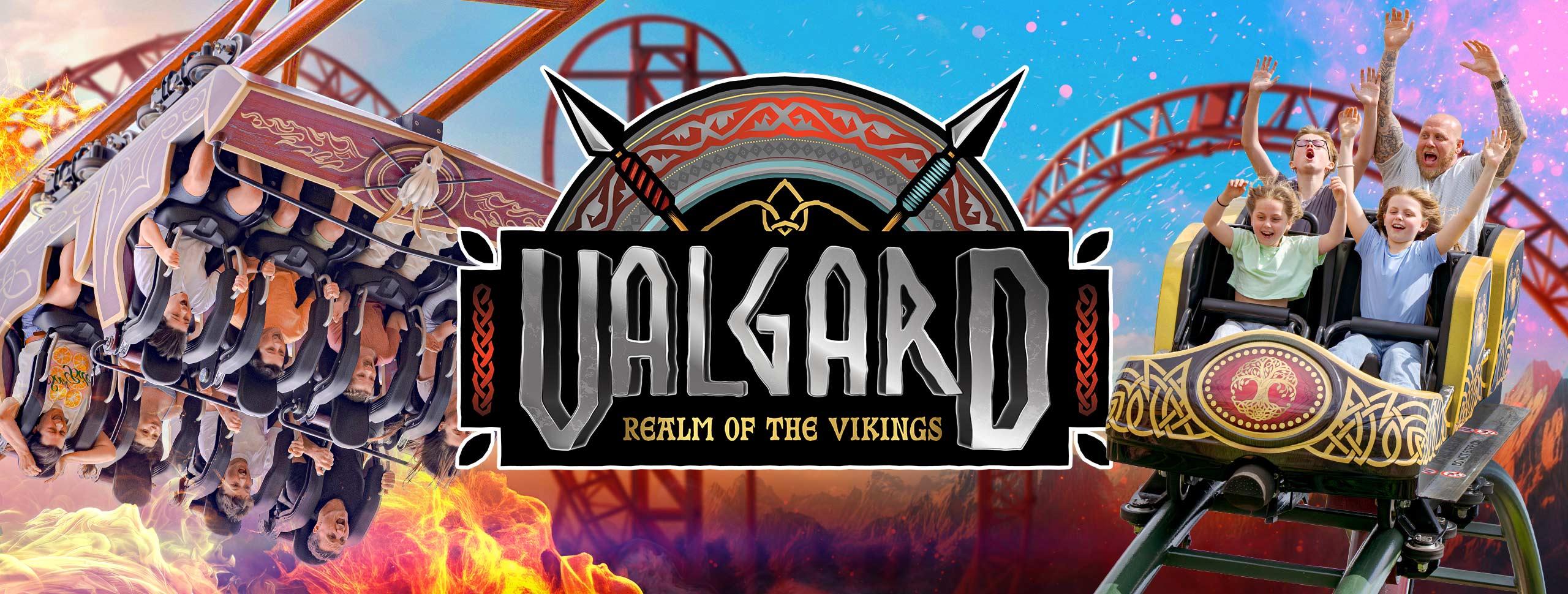 Valgard ride scene with rollercoaster and swing ride at Paultons Park