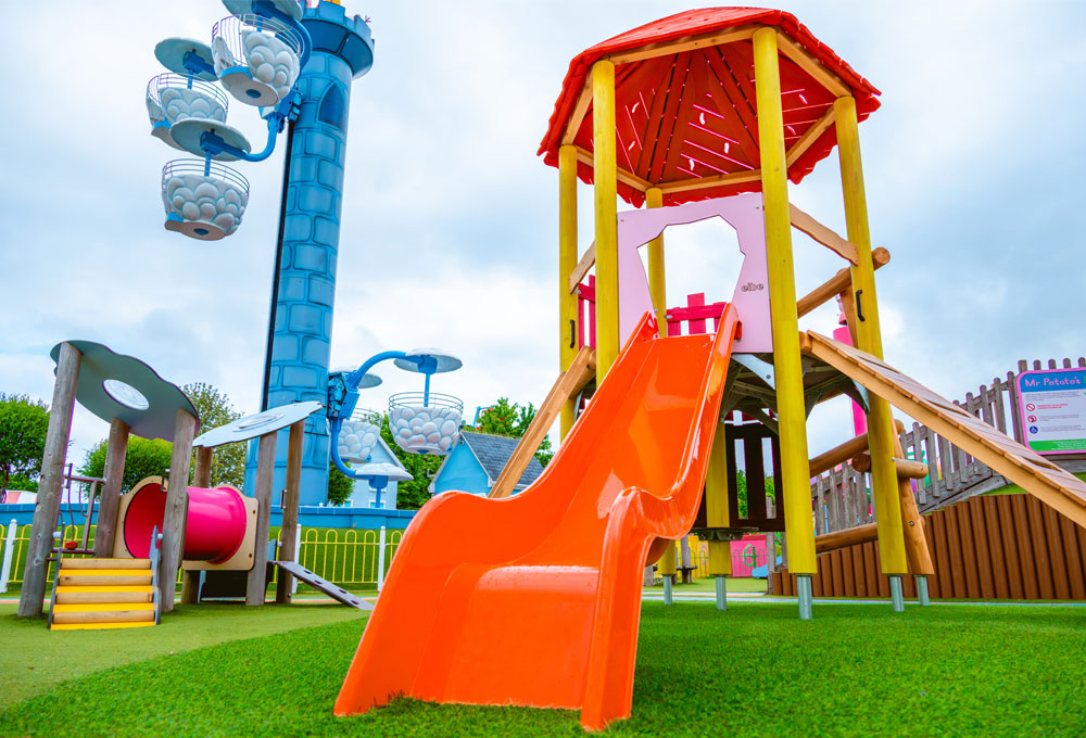 Mr Potato’s Playground with colourful slide and play equipment at Peppa Pig World, Paultons Park.