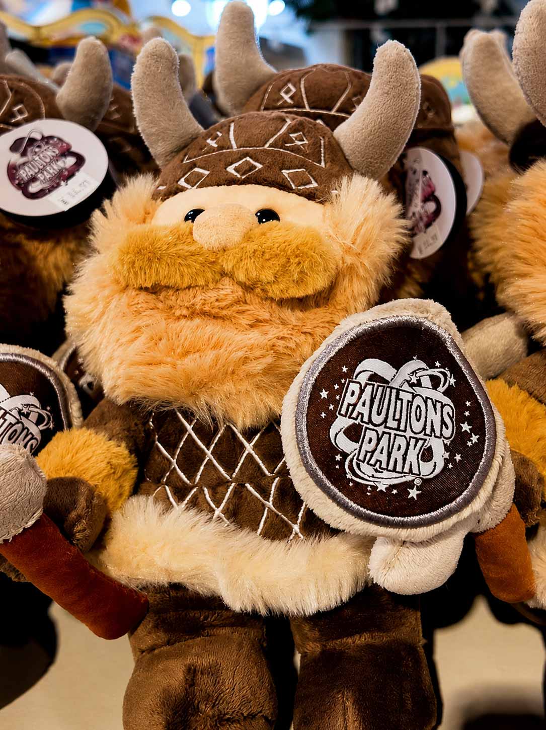 Paultons Park Valgard Viking plush toy souvenir holding a branded shield in the gift shop.