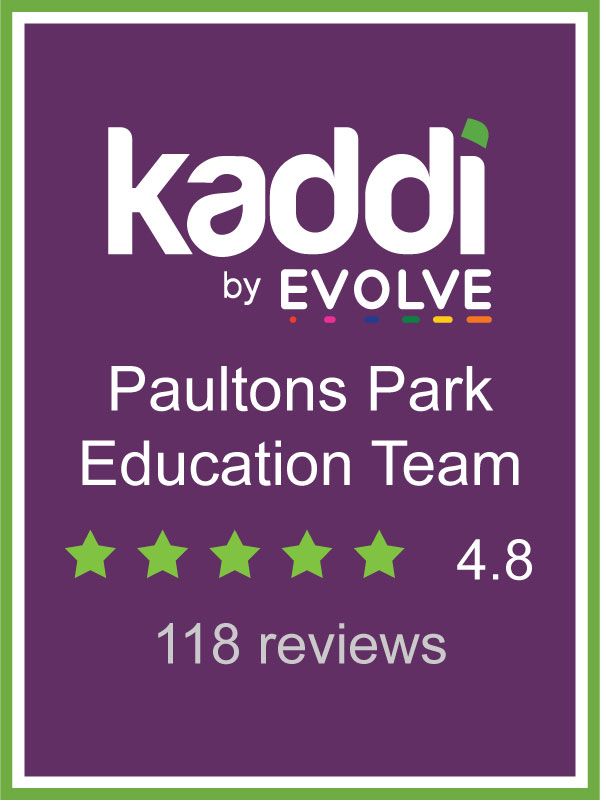 Kaddi by Evolve review graphic for the Paultons Park Education Team, showing a 4.8 rating from 118 reviews.