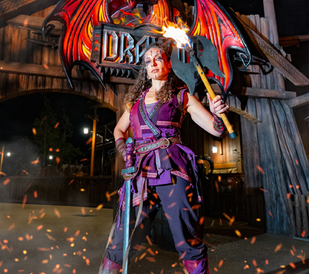 Paultons ParkFire performers outside Drakon in Valgard during Halloween at Paultons Park