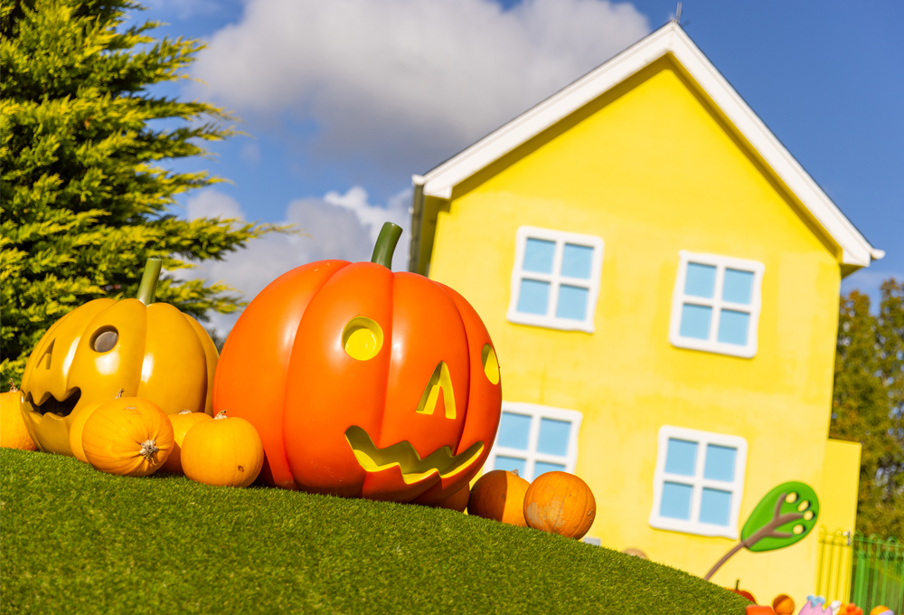 Peppa Pig World at Halloween with pumpkin decorations outside Peppa Pig House