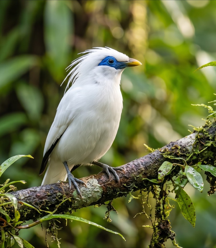 Bali Starling with white plumage and a blue eye patch perched among leafy branches