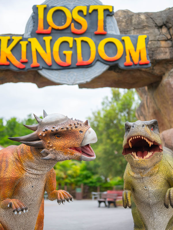 Dinosaur characters at Lost Kingdom in Paultons Park during the Free Teacher Takeover Event