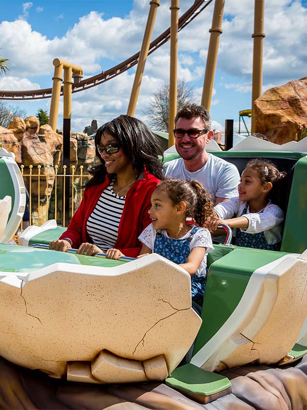 Family riding Boulderdash at Paultons Park during the Free Teacher Takeover Event